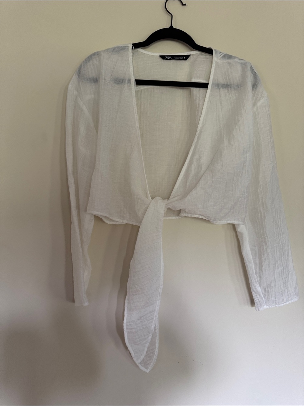 ZARA White Sheer Tie-Front Long Sleeve Top